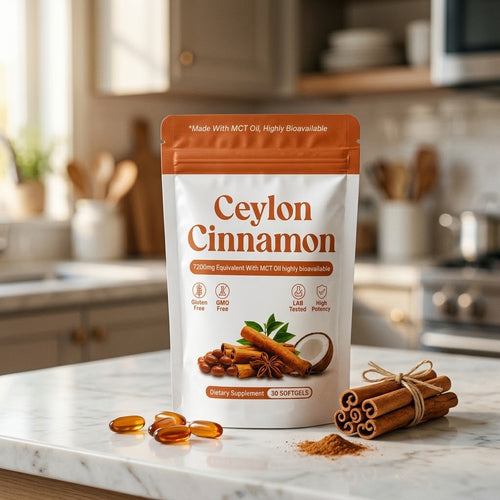 OffShift Ceylon Cinnamon softgel pouch on a kitchen counter
