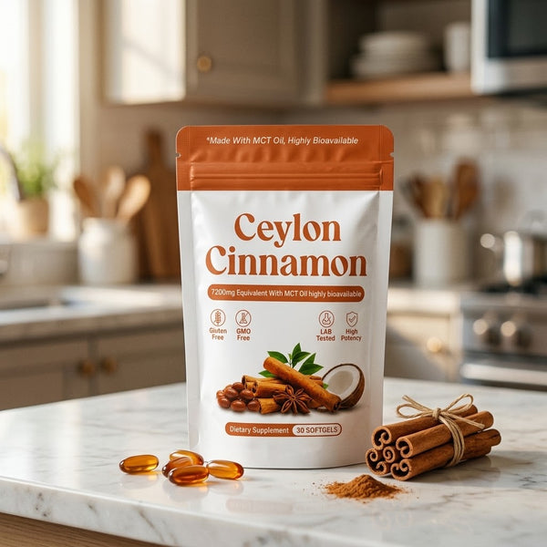 OffShift Ceylon Cinnamon softgel pouch on a kitchen counter