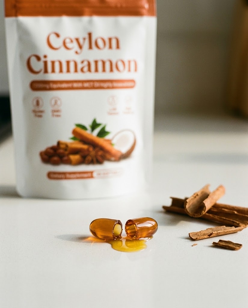 Softgel cut open showing the cinnamon oil