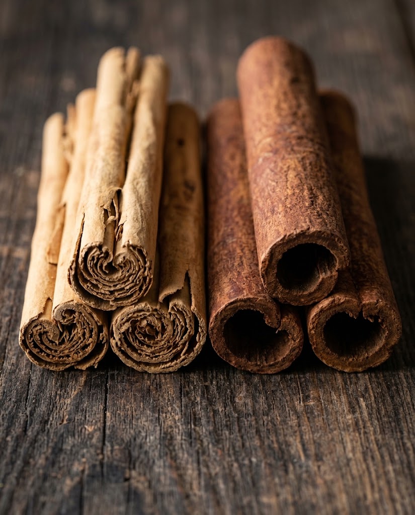 Thin layered Ceylon sticks next to thick Cassia sticks